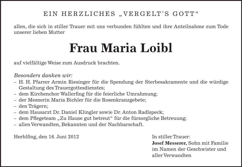 Traueranzeige Maria Loibl