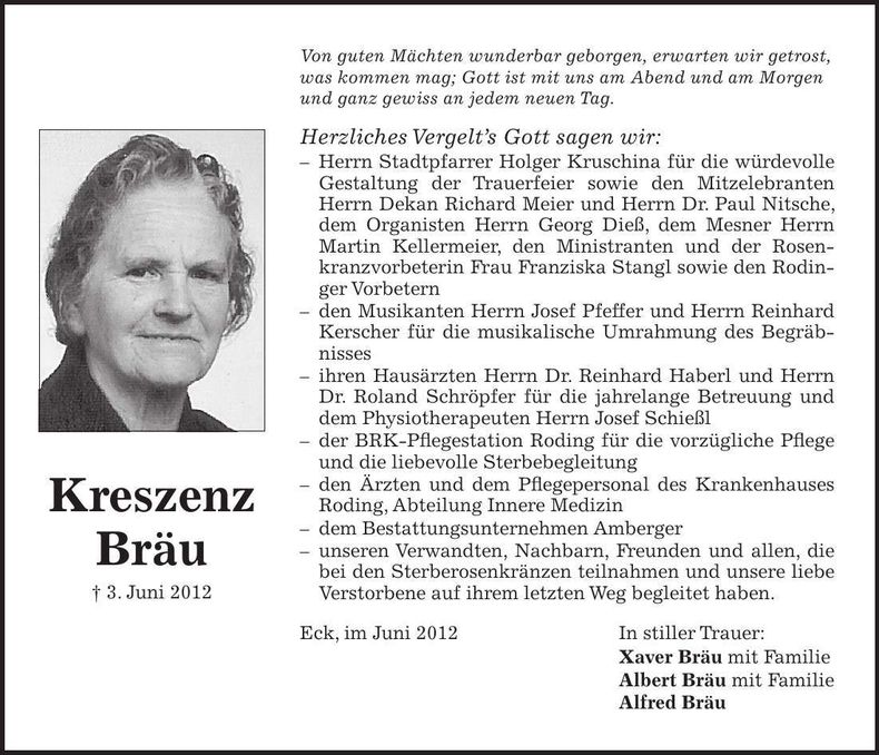 Traueranzeige Kreszenz Bräu