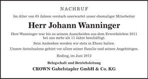 Traueranzeige Johann Wanninger