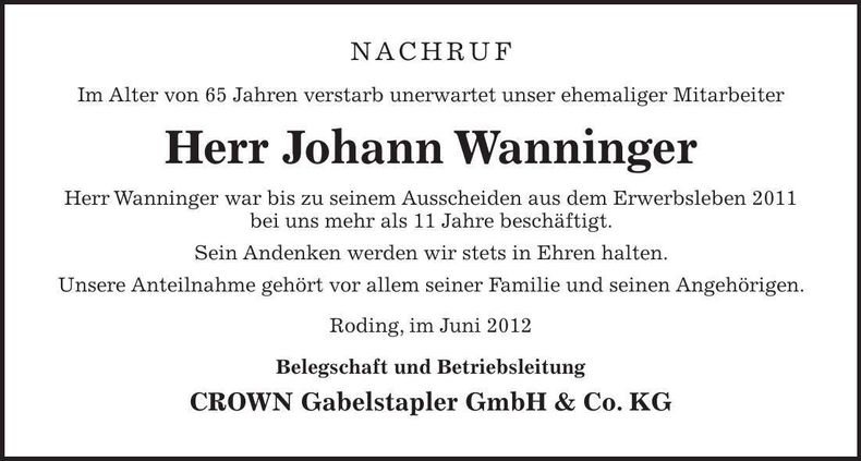 Traueranzeige Johann Wanninger