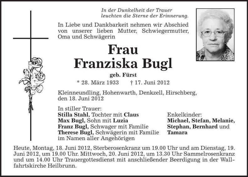 Traueranzeige Franziska Bugl