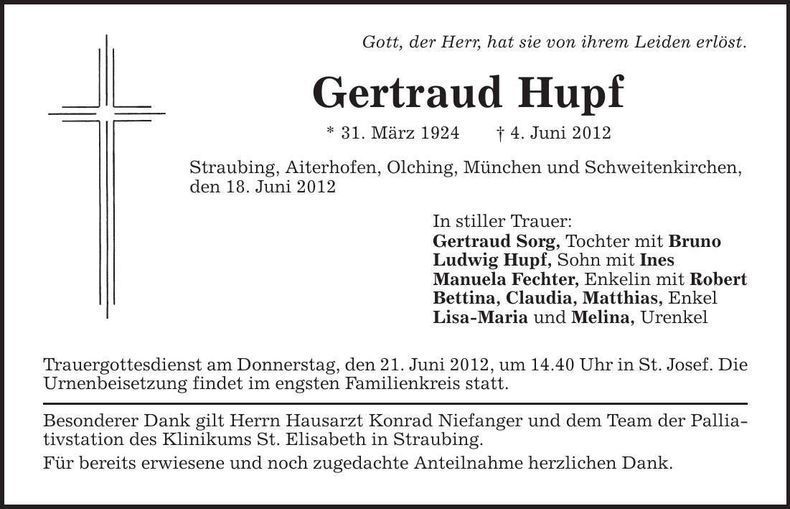 Traueranzeige Gertraud Hupf