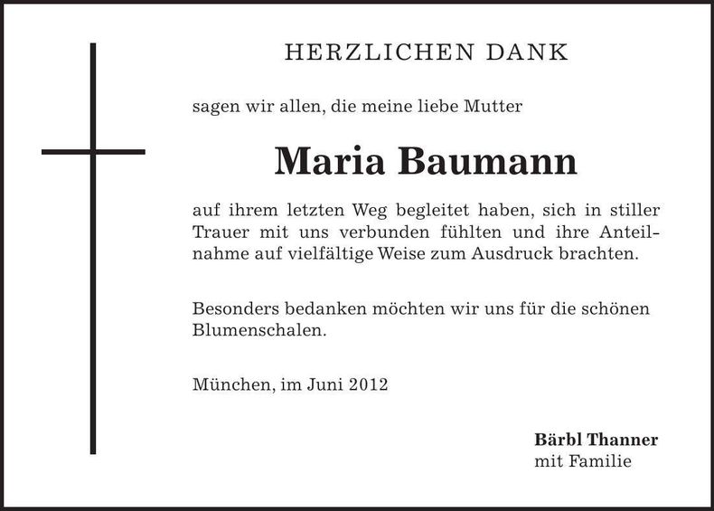 Traueranzeige Maria Baumann
