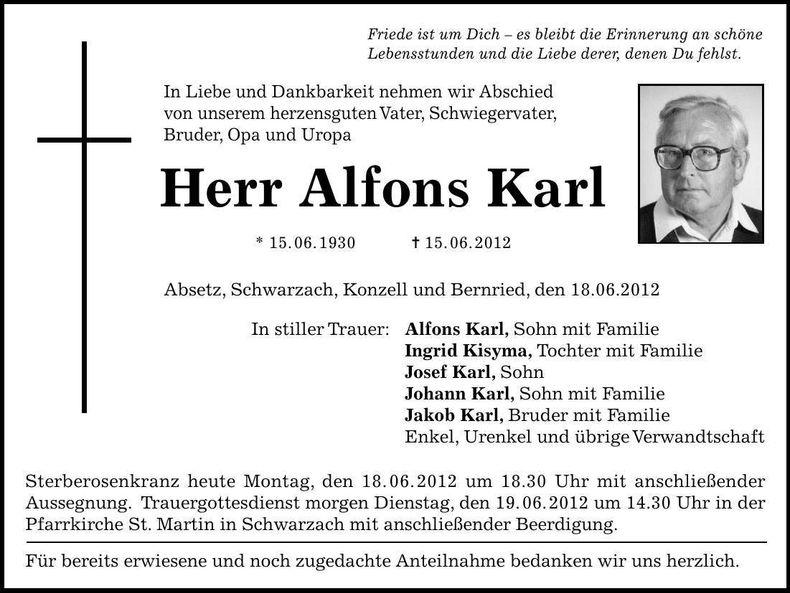 Traueranzeige Alfons Karl