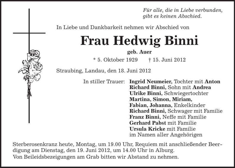 Traueranzeige hedwig Binni