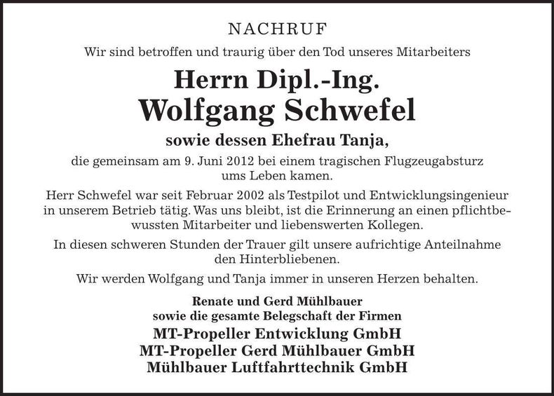 Traueranzeige Wolfgang und Tanja Schwefel