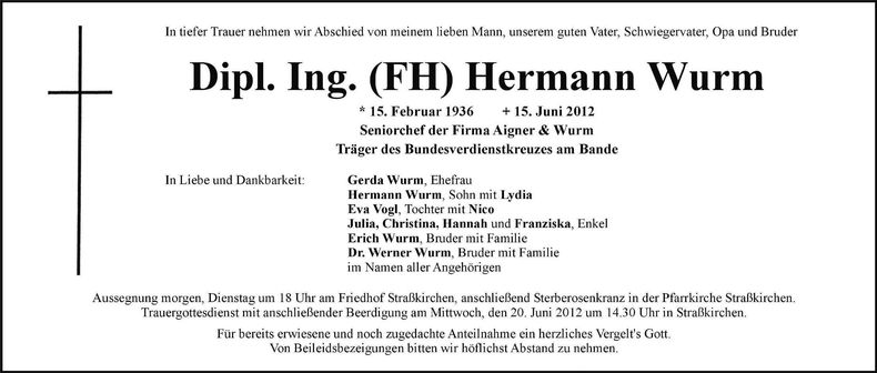 Traueranzeige Hermann Wurm