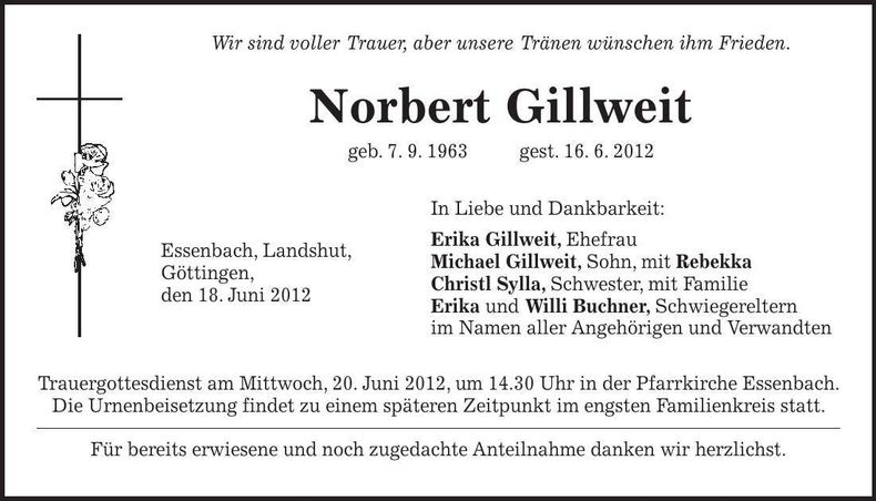 Traueranzeige Norbert Gillweit