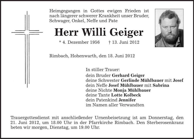 Traueranzeige Willi Geiger