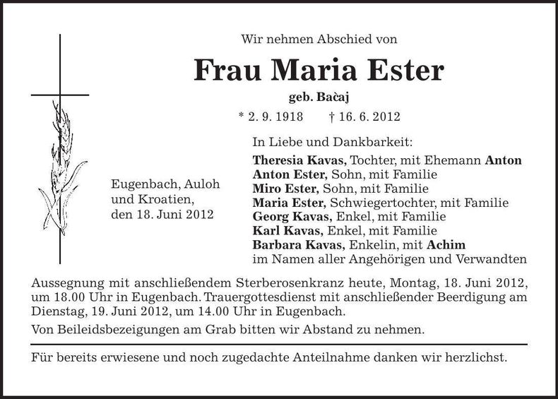 Traueranzeige Maria Ester
