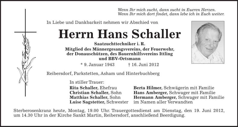 Traueranzeige Hans Schaller