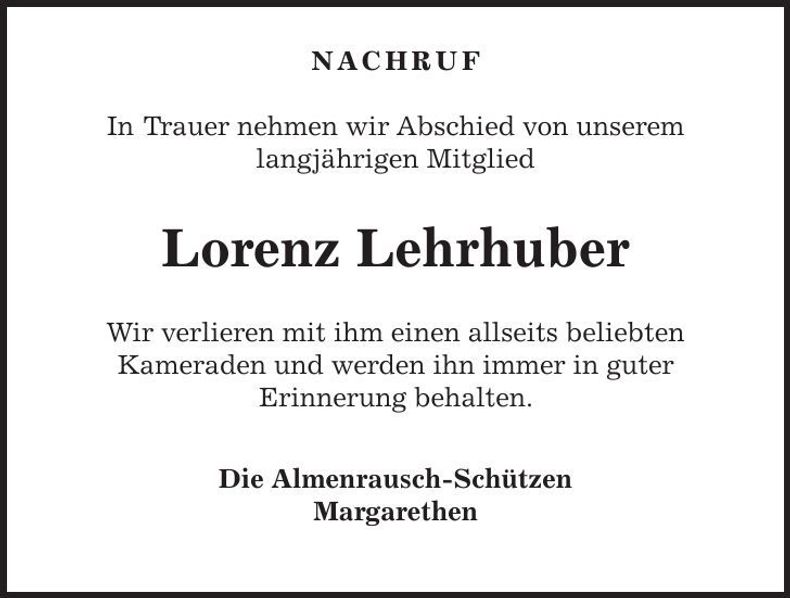 Traueranzeige Lorenz Lehrhuber