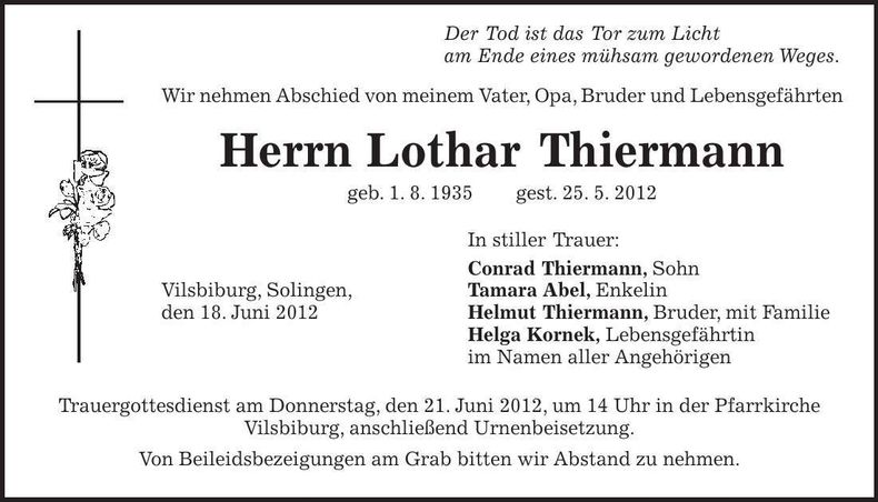Traueranzeige Lothar Thiermann