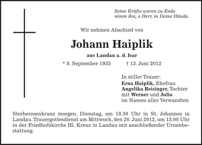 Traueranzeige Johann Haiplik