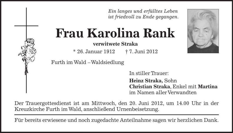 Traueranzeige Karolina Rank