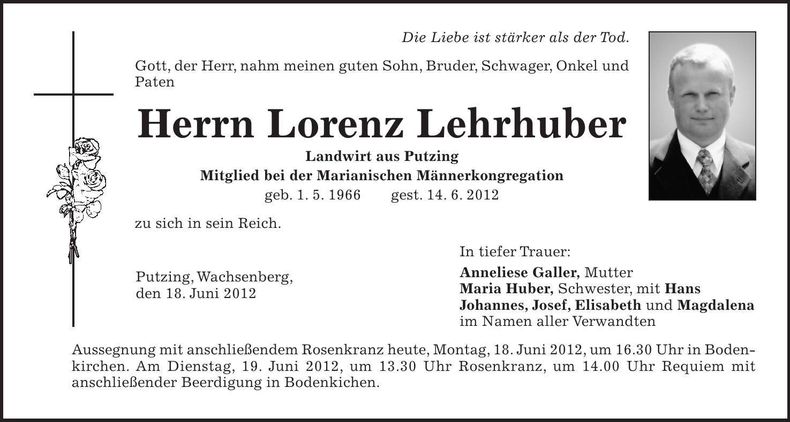 Traueranzeige Lorenz Lehrhuber