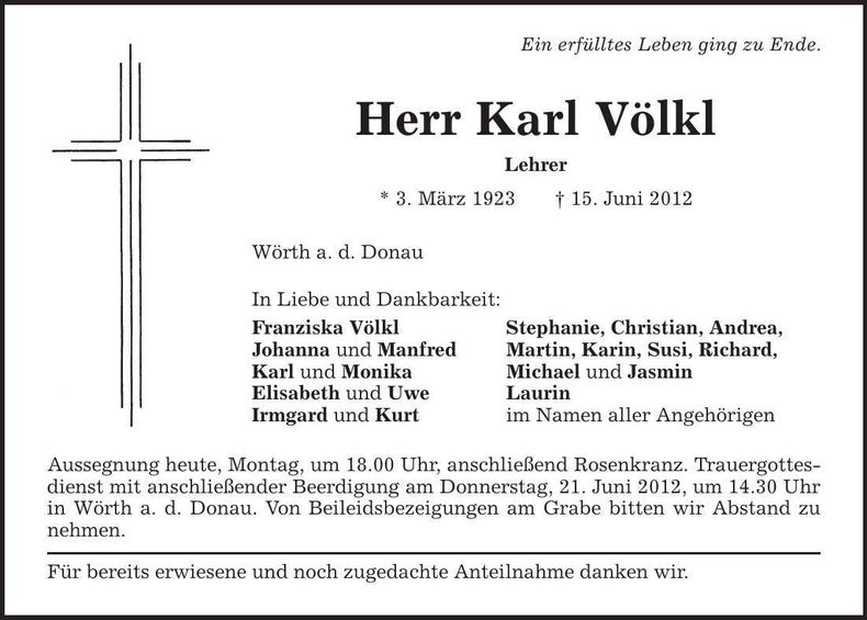 Traueranzeige Karl Völkl