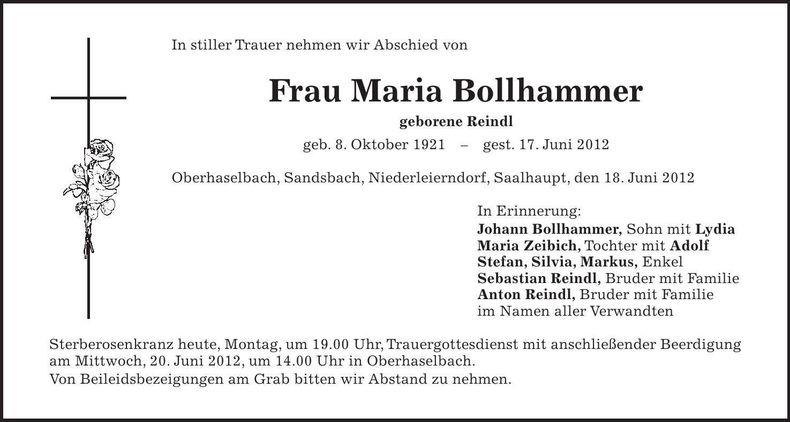 Traueranzeige Maria Bollhammer