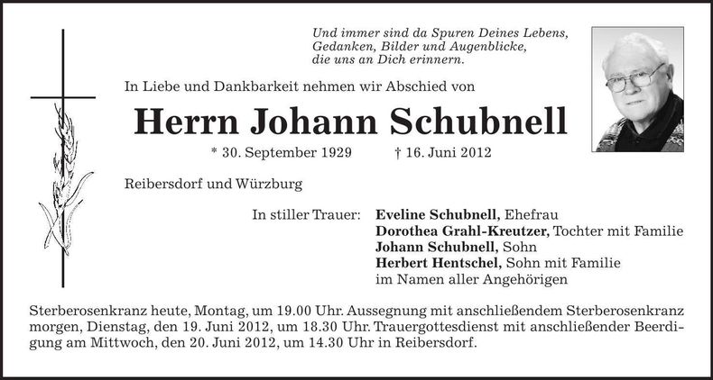 Traueranzeige Johann Schubnell