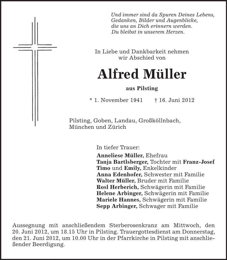 Traueranzeige Alfred Müller
