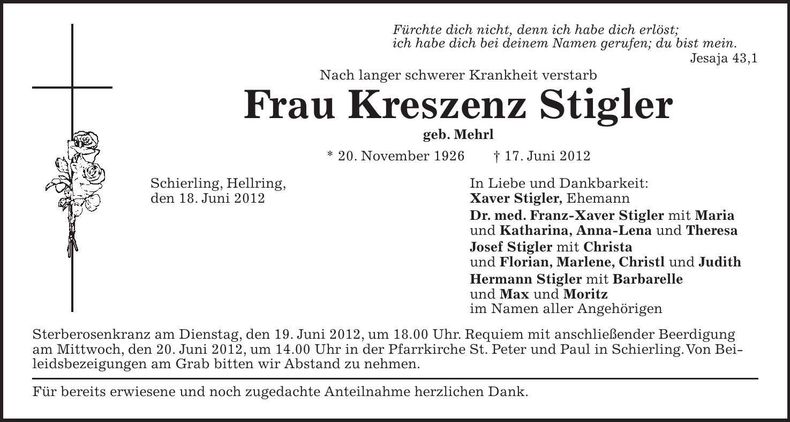 Traueranzeige Kreszenz Stigler