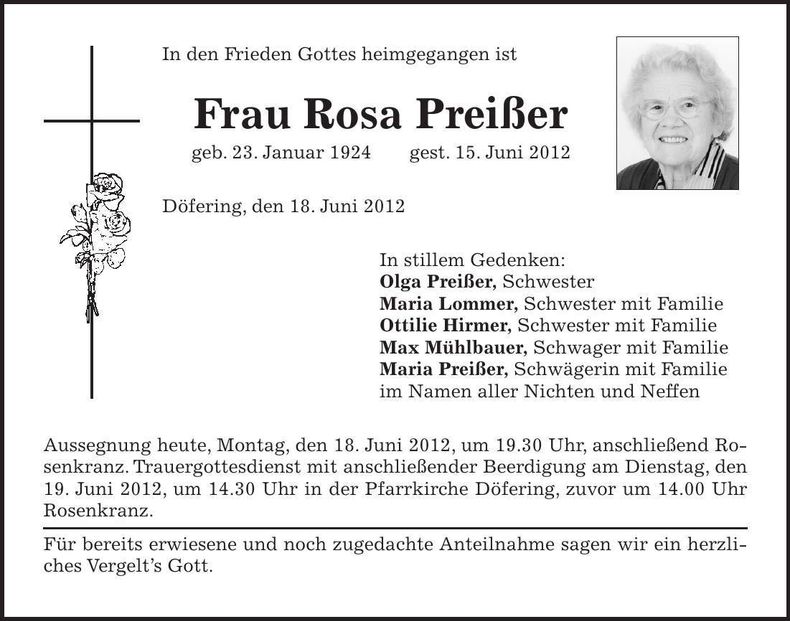 Traueranzeige Rosa Preißer