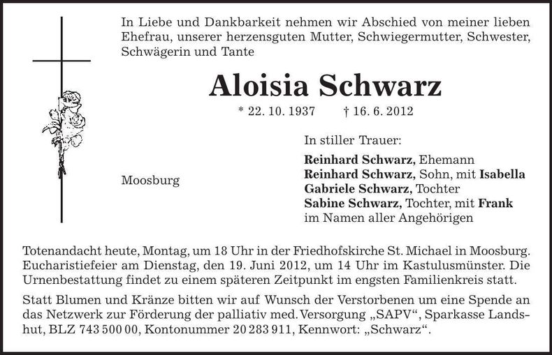 Traueranzeige Aloisia Schwarz
