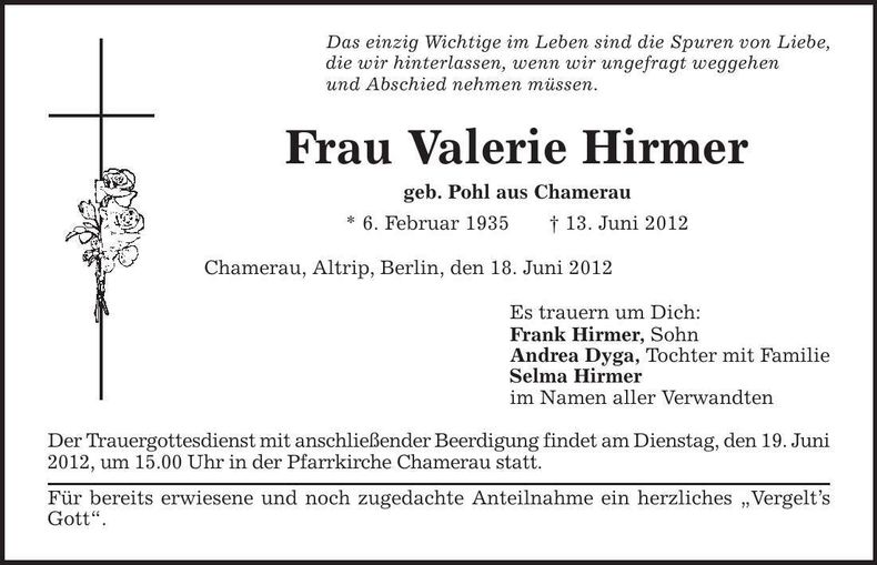 Traueranzeige Valerie Hirmer