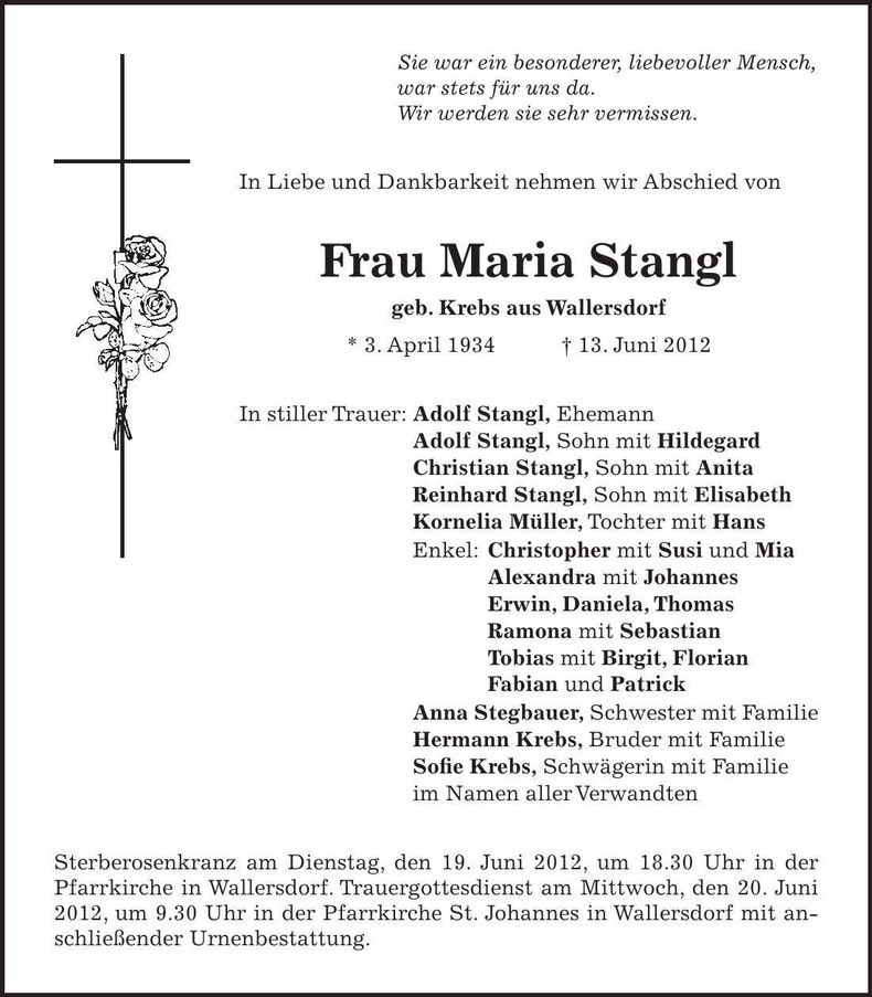 Traueranzeige Maria Stangl