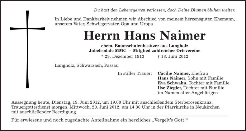 Traueranzeige Naimer Hans