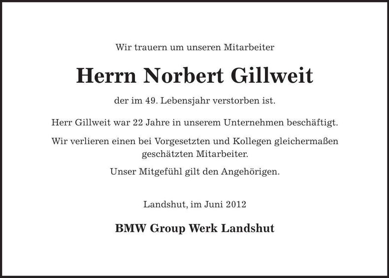 Traueranzeige Norbert Gillweit