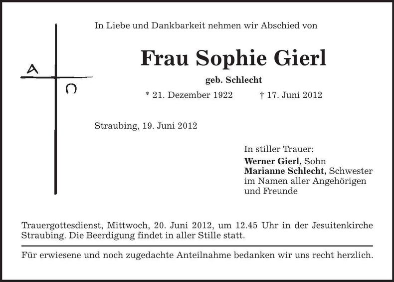 Traueranzeige Sophie Gierl