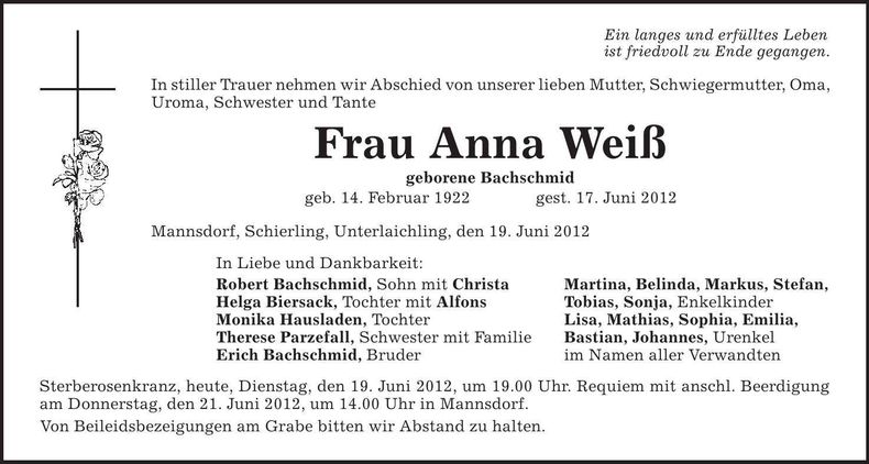 Traueranzeige Anna Weiß