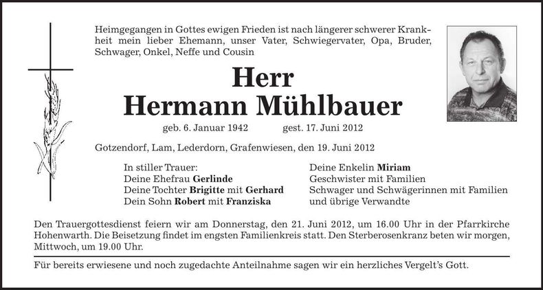 Traueranzeige Hermann Mühlbauer