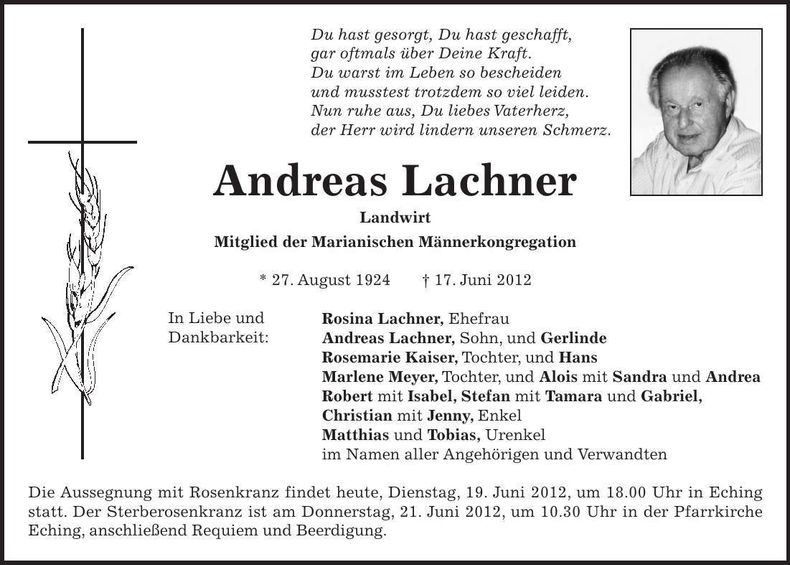 Traueranzeige Andreas Lachner