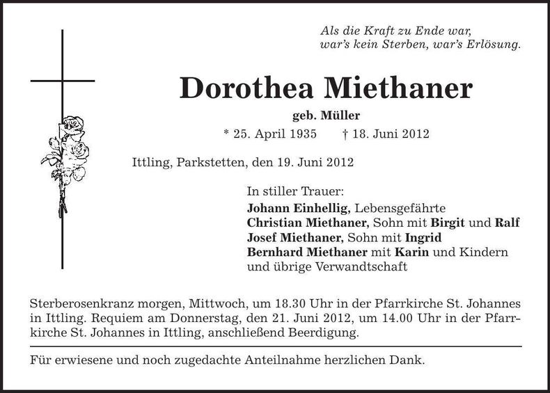Traueranzeige Dorothea Miethaner
