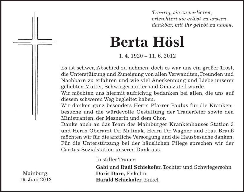 Traueranzeige Berta Hösl