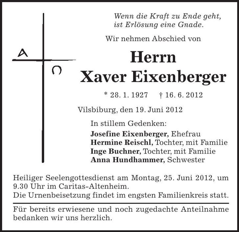 Traueranzeige Xaver Eixenberger