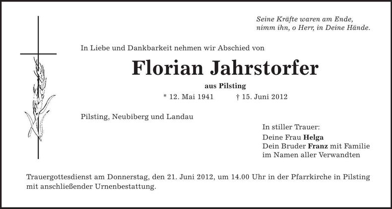 Traueranzeige Florian Jahrstorfer