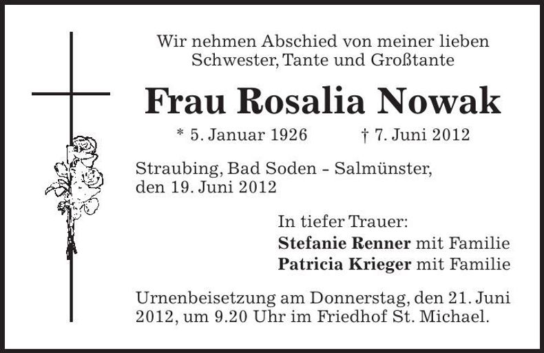 Traueranzeige Rosalia Nowak