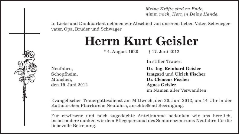 Traueranzeige Kurt Geisler