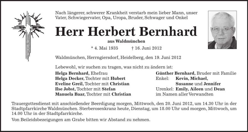 Traueranzeige Herbert Bernhard