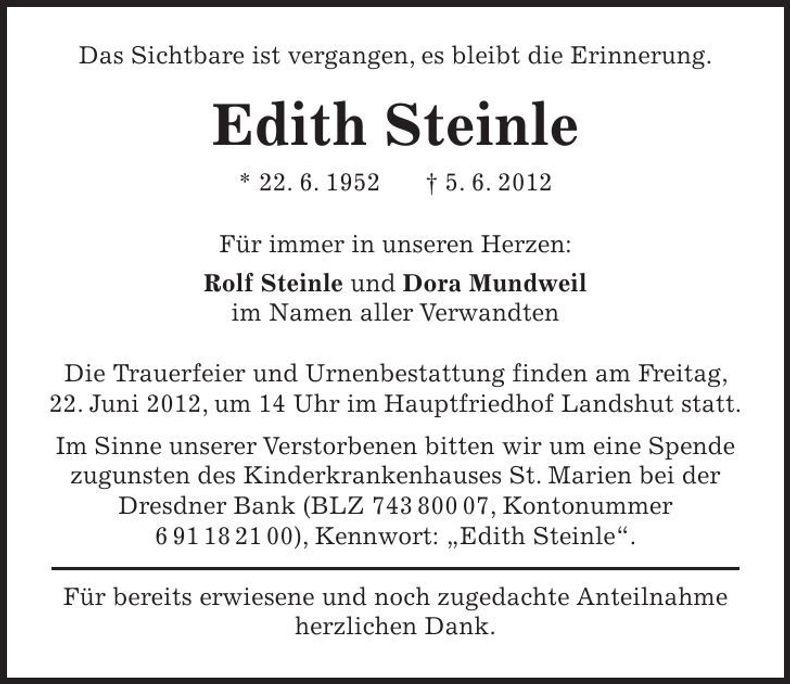 Traueranzeige Edith Steinle