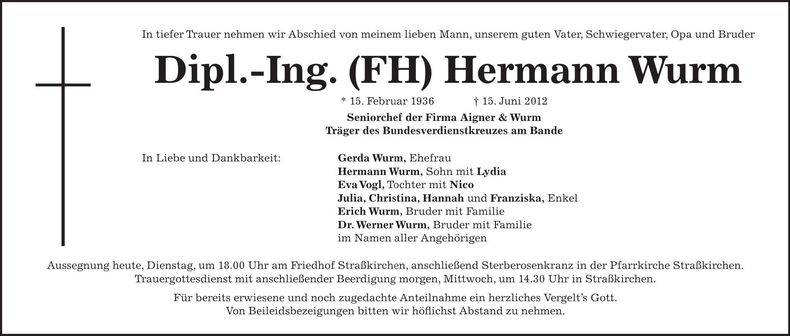 Traueranzeige Hermann Wurm