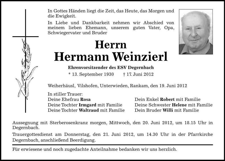 Traueranzeige Hermann Weinzierl