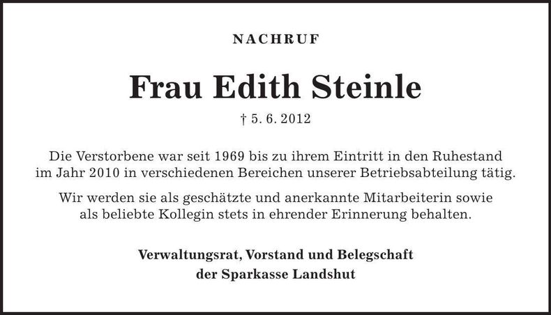 Traueranzeige Edith Steinle