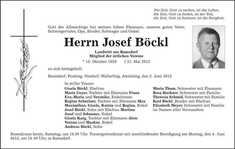 Traueranzeige Josef Böckl