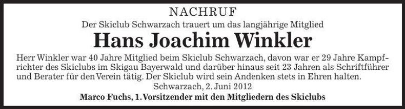 Traueranzeige Hans Joachim Winkler