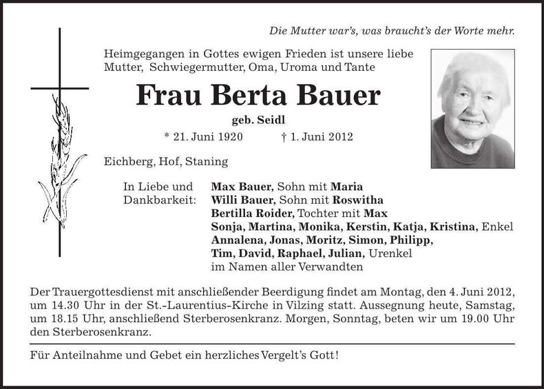 Traueranzeige Berta Bauer