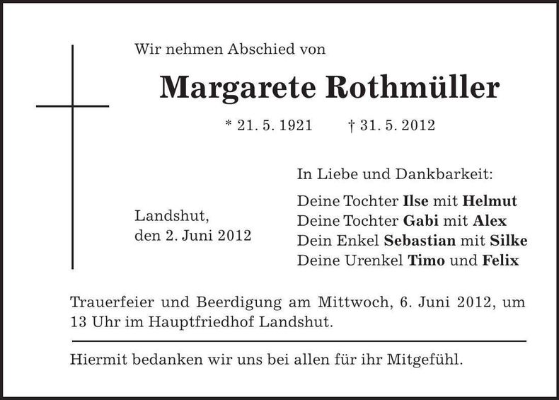 Traueranzeige Margarete Rothmüller